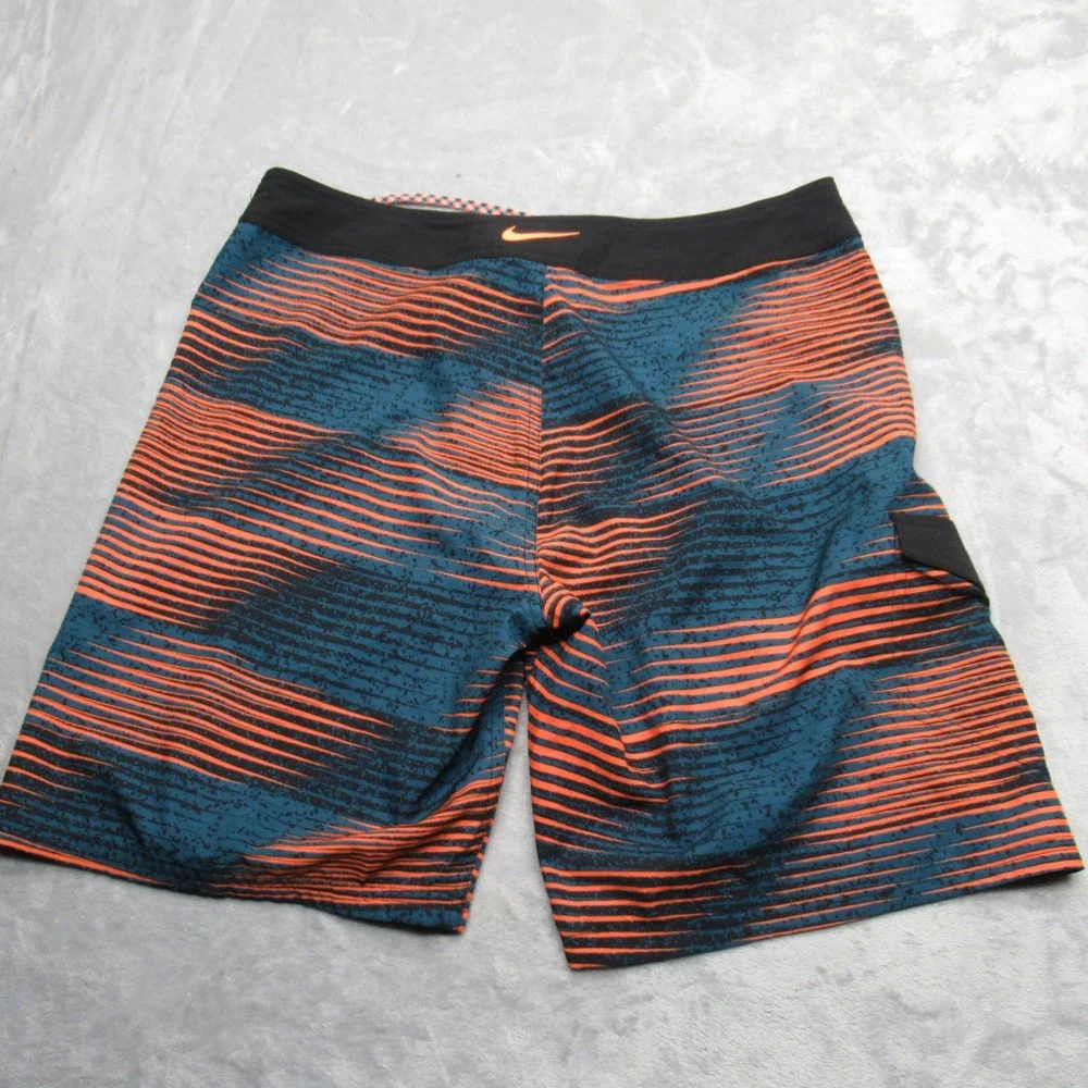 Nike Swim Shorts Mens 32 Orange Blue Striped Cargo Pocket‎ Lace Up Trunks Board